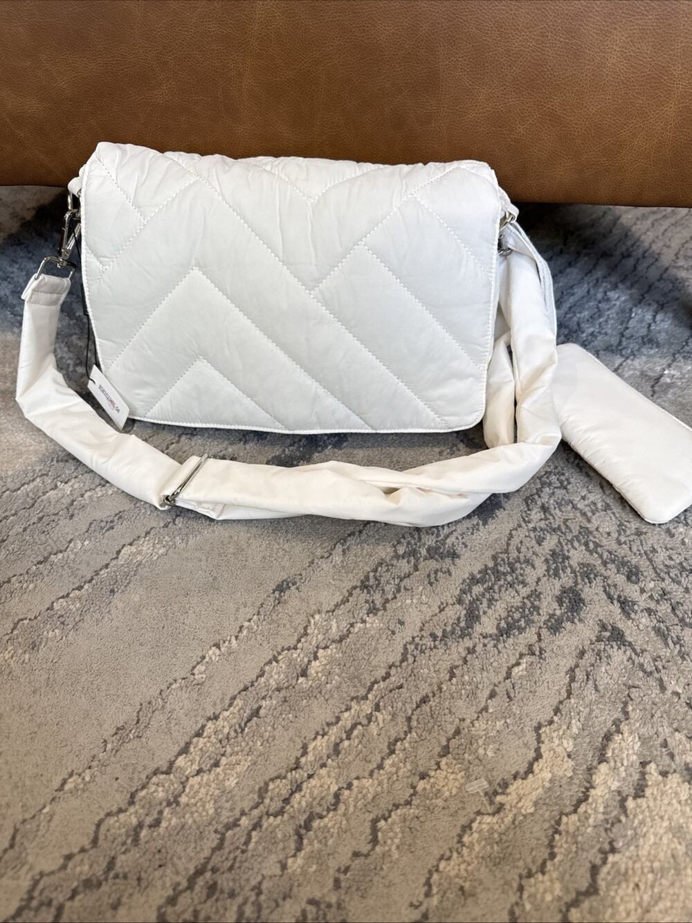 Bostanten White Quilted Nylon Crossbody Puffer Bag Adjustable Strap Medium